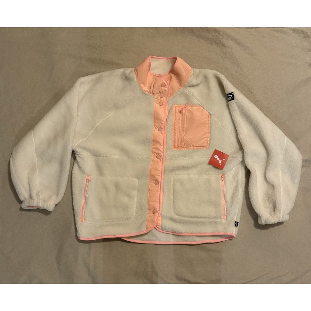 NWT Puma Sherpa Fleece Jacket Womens Ivory Pink Athletic Outerwear XL